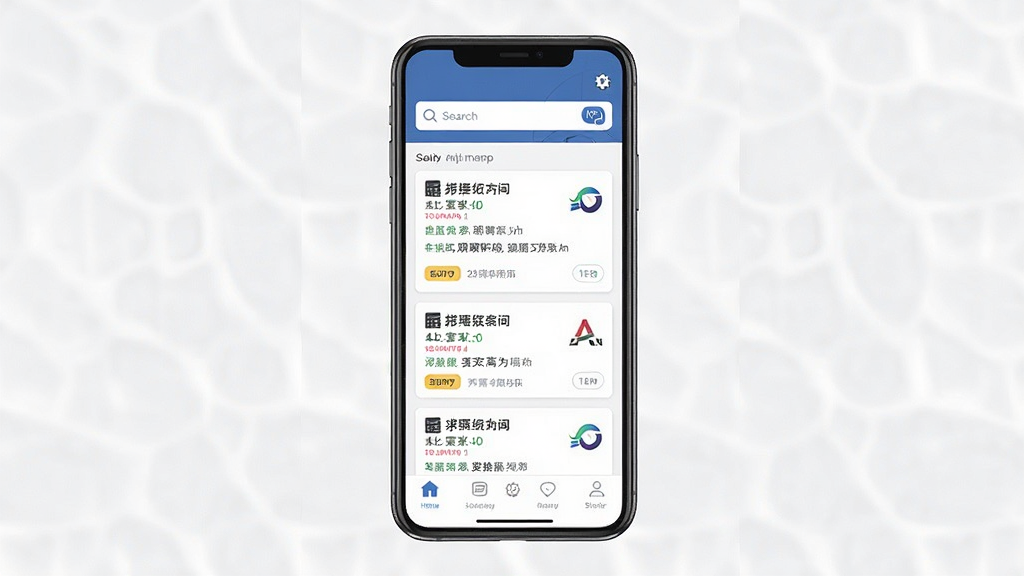 一张展示手机求职应用界面的图片,主体是一部竖屏智能手机,屏幕上显示着行业找工作App的主页,页面顶部有搜索框,中部是岗位推荐卡片,底部有导航栏,布局简洁清晰,采用扁平化设计风格,细节上体现招聘岗位列表和公司Logo,画质高清,画面干净,无多余元素。