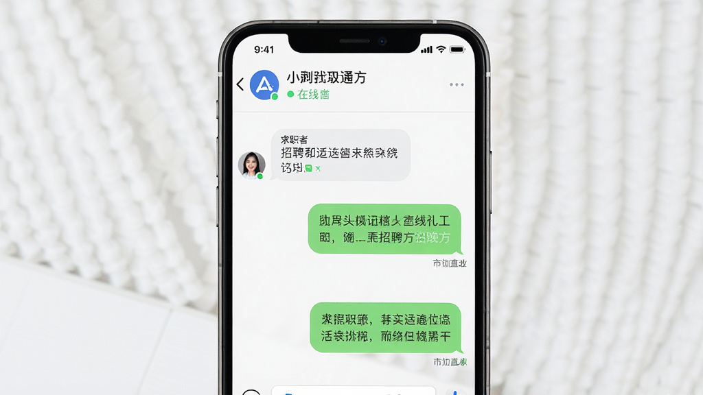 一张展示行业找工作App即时沟通界面的图片,主体是手机屏幕,屏幕上显示聊天对话框,左侧是求职者消息,右侧是招聘方回复,顶部有公司名称和在线状态,布局为典型聊天界面,风格简洁明快,细节上体现消息气泡和已读标记,画质高清,画面干净,无多余元素。