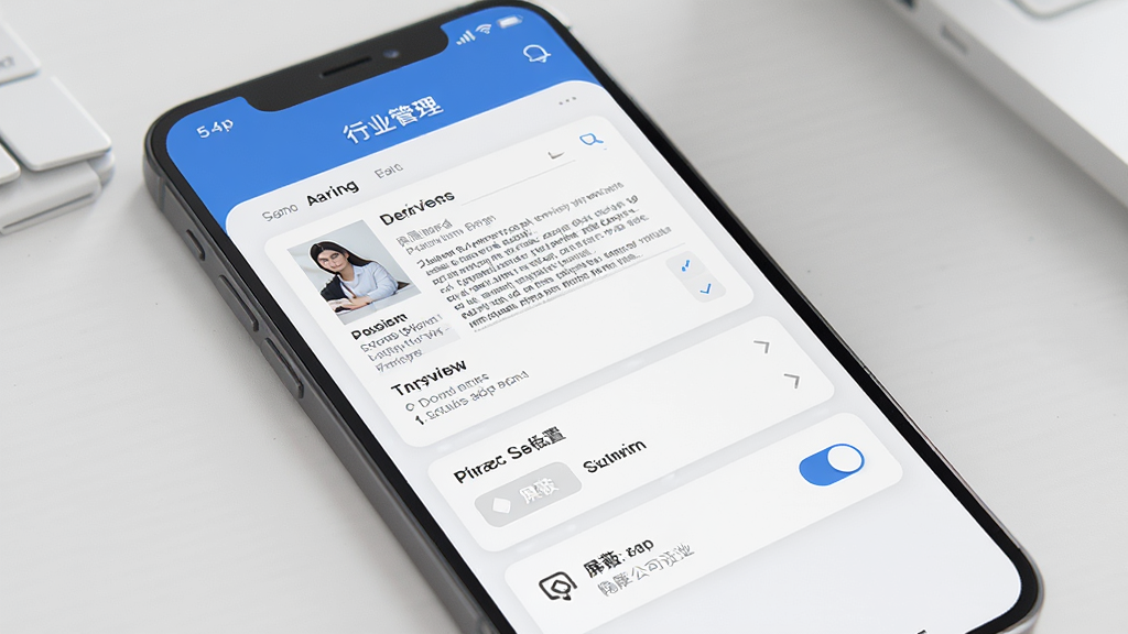 一张展示行业找工作App简历管理界面的图片,主体是手机屏幕,屏幕上显示简历列表和隐私设置开关,布局为卡片式,风格商务简约,细节上体现简历预览和屏蔽公司选项,画质高清,画面干净,无多余元素。