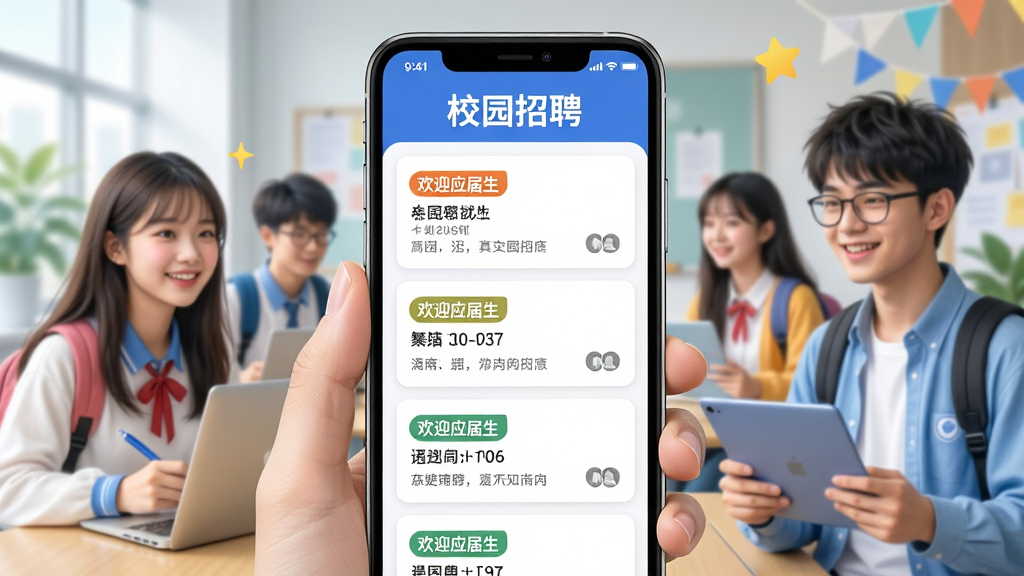 一张展示行业找工作App应届生校园招聘专区的图片,主体是手机屏幕,屏幕上方有“校园招聘”字样,下方是岗位列表,每个岗位卡片上标注“欢迎应届生”标签,布局为纵向列表,风格青春活力,细节上体现学生求职场景,画质高清,画面干净,无多余元素。
