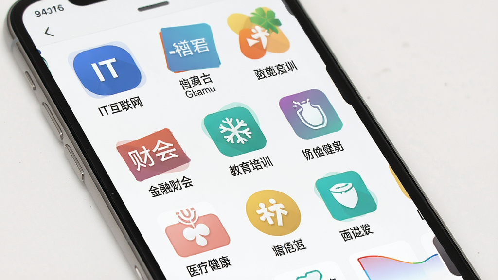 一张展示行业找工作App行业分类界面的图片,主体是手机屏幕,屏幕上排列着多个行业图标和名称,包括IT互联网、金融财会、教育培训、医疗健康等,布局为网格状,风格清新简洁,细节上每个行业图标配有不同颜色和简约图形,画质高清,画面干净,无多余元素。