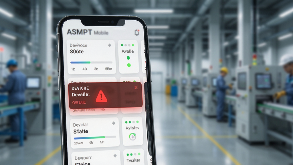 ASMPT Mobile ʵʱ��ع���չʾͼ����������Ϊ�ֻ���Ļ��ʾ�����豸״̬��Ƭ������һ�����ֺ�ɫ�澯״̬������Ϊģ���Ĺ������ȣ��Ű�ͻ�����ݿ��ӻ�Ԫ�أ������Ƽ��У�ϸ�ڰ�����������״ָ̬ʾ�ƣ����������ɾ��޶���Ԫ��
