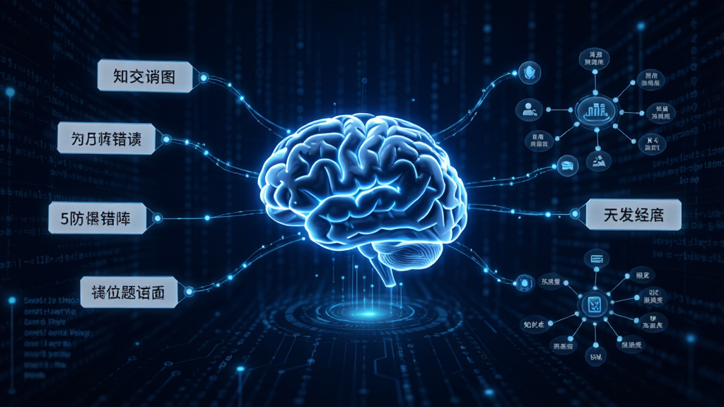 一级消防工程师智题库智能分析界面生图,画面中心是一个发光的数字大脑,大脑连接着多个错题标签和知识点图谱,背景是深蓝色的数据流,布局以大脑为视觉中心,排版放射状展开,风格为未来科技感,细节包括发光的连接线和清晰的数据节点,画质超清,干净利落。