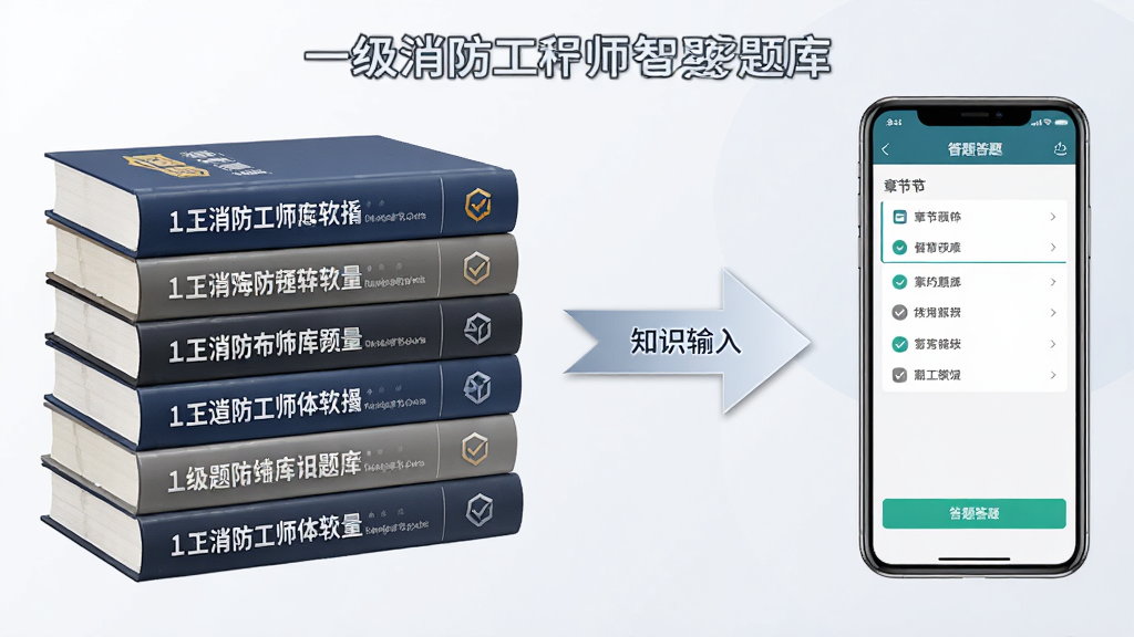一级消防工程师智题库软件功能展示图,画面中左侧显示书籍堆叠代表海量题库,右侧显示手机屏幕展示章节列表和答题界面,中间用箭头连接表示知识输入,布局为左右对比排版,风格为简约商务风,细节包括清晰的书脊文字和手机界面上的对勾图标,画质高清,干净无杂物。