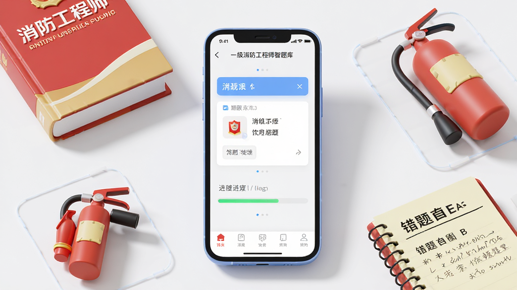 一张展示一级消防工程师智题库手机APP界面的3D渲染图,画面中央是一部竖屏智能手机,屏幕显示题库练习界面,包含答题卡和进度条,手机周围环绕着消防工程师教材、灭火器图标和错题本笔记,布局采用居中构图,排版整洁,风格为现代扁平化科技风,细节包括清晰的文字UI和柔和的阴影,画质为4K高清,画面干净,无多余元素。