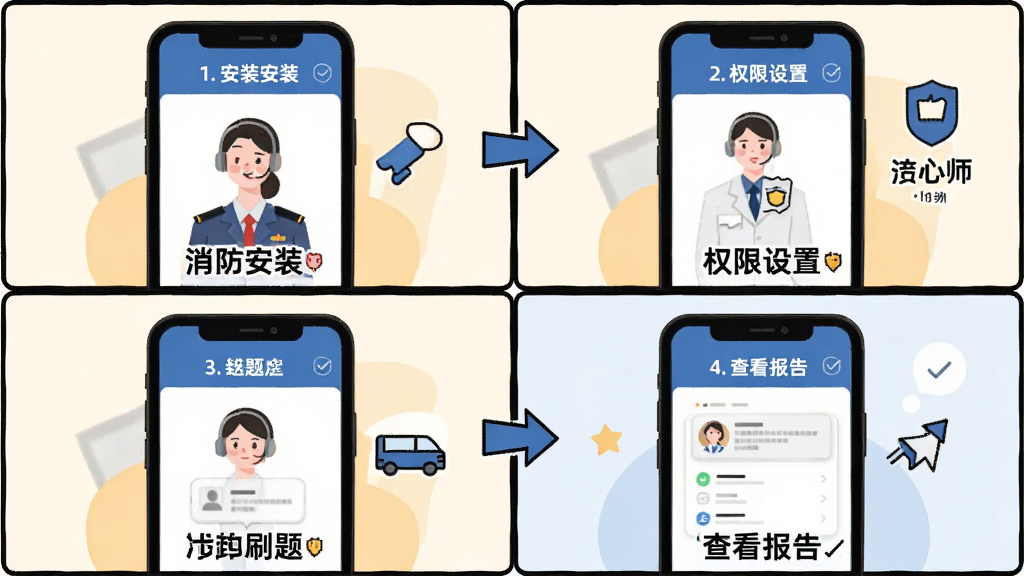 一级消防工程师智题库移动端操作指南图,画面展示一部手机屏幕,屏幕上分步骤显示安装、权限设置、刷题、查看报告四个画面,布局为四格漫画式排版,风格为扁平化插画风,细节包括清晰的箭头指引和简洁的图标,画质高清,干净无文字堆砌。