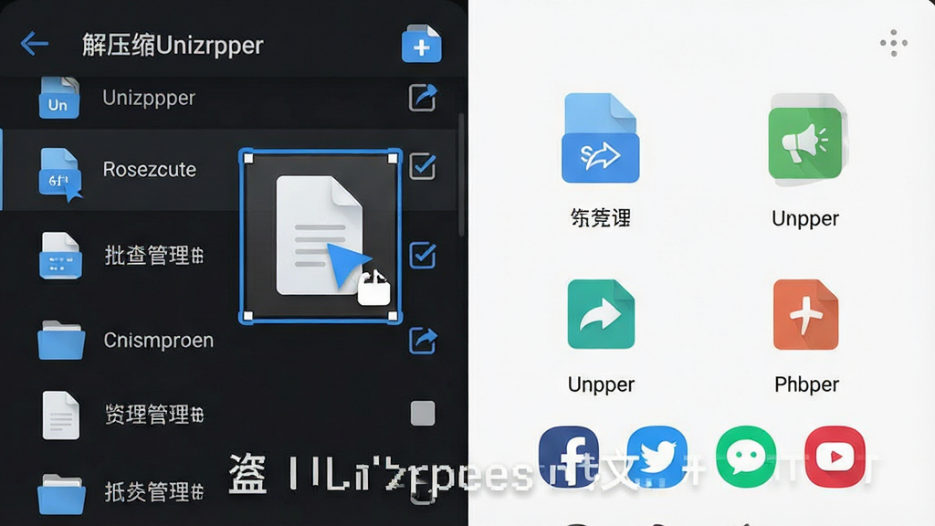 һ��չʾ��ѹ��Unizpper�ļ���������������������ܵ�AI��ͼ������Ϊ�ֻ���Ļ�ж���ļ�����ѡ�����ַ�����ͷ������Ϊ���ҷ��������Ϊ�ļ��б����Ҳ�Ϊ����Ŀ��ͼ�꣬�Ű����������Ϊ�ִ�UI���ϸ�ڰ�����ѡ�򡢷�����ť���罻ͼ��ȣ����ʸ��壬����ɾ����޶���Ԫ�أ�ͼƬ������Ϊ����ѹ��Unizpper�ļ�������