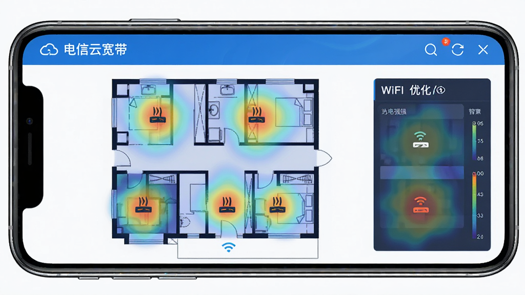 ���������ǡ������ƿ�����Ӧ�õ�WiFi�Ż����棬��Ļ����ʾ�ŷ��ݻ���ͼ���ź�����ͼ��·����ͼ��ֲ��ڸ������䣻����Ϊ�ֻ�����չʾ������ͼռ����Ҫ�����Ű�����չʾ�ź�ǿ���ֲ������Ϊ���ܼҾӿƼ��磻ϸ�ڰ�������ͼ��ɫ������Ȼ������ͼ������ࡢ�ֻ��߿��й��󣻻���Ϊ���壬����ɾ����޶���Ԫ�ء�