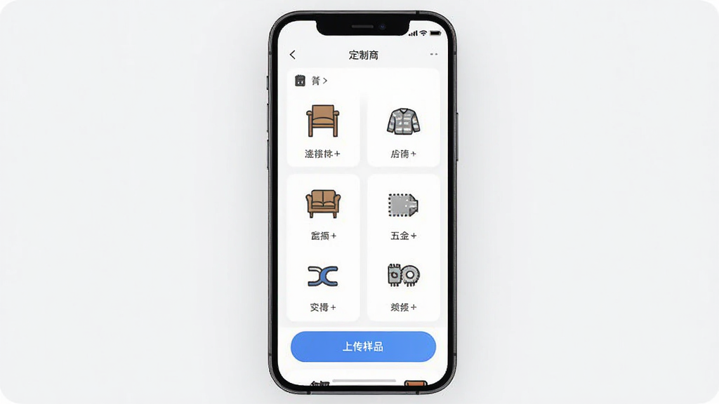 ��������APP������չʾ������Ϊһ�������ֻ�����Ļ��ʾ������Ʒ�����б����ϴ���Ʒ��ť�����־��У��Ű��࣬����ִ�����ϸ�ڰ�����װ���Ҿߡ���������ͼ�꣬�����������ɾ����޶���Ԫ��