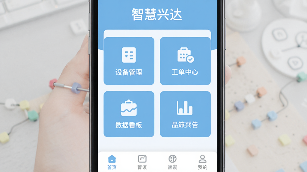 �ǻ��˴�App�����棬ǳ�����ɫΪ��ɫ����������ʾ���ǻ��˴�������в�Ϊ���ܿ�Ƭʽ���֣������豸�������������ġ����ݿ����ͼ�꣬�ײ�Ϊ������������ɾ���࣬��ƽ����ƣ��������ȣ��޶���Ԫ��
