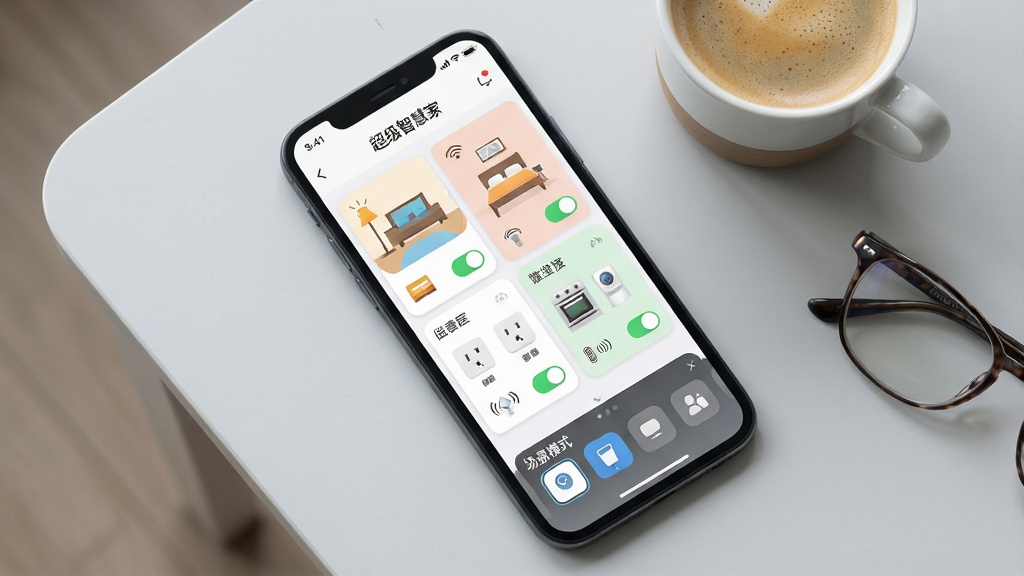 һ��չʾ�������ǻۼҡ�APP���豸���������ͼƬ���������ֻ���ĻΪ���壬��Ļ�����������ſ��������ҡ������Ȳ�ͬ������豸��Ƭ��ÿ�ſ�Ƭ���еƹ⡢��������������ͼ��Ϳ���״̬����Ļ�·��г���ģʽ������������Ǽ���ǳ��ɫ���棬�ֻ�ƽ�ţ��Ա߷���һ�����Ⱥ�һ���۾������ֲ��ø����ӽǣ�����ͻ�������Ϊ��Լ��Ʒչʾ�磬ϸ����������Ļ�������Ⱥͽ����Ű������У����ʸ��壬�ɾ������