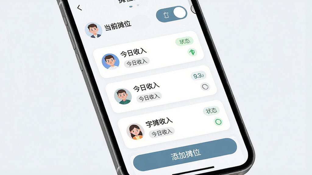 ³���̯��̯λ�������棬����Ϊ�ֻ���Ļ��ʾ̯λ�л�ҳ�棬�����Ϸ�Ϊ��ǰ̯λ�������л���ť���в�Ϊ̯λ��Ƭ�б�չʾ��̯λ����������״̬���ײ�Ϊ����̯λ��ڣ��Ű�Ϊ��Ƭʽ�������У����Ϊ�������ƶ�����ƣ�ϸ�ڰ���ͷ��ͼ�ꡢ״̬��ǩ��Բ�Ǿ��Σ����ʸ��壬�ɾ����޶���Ԫ��