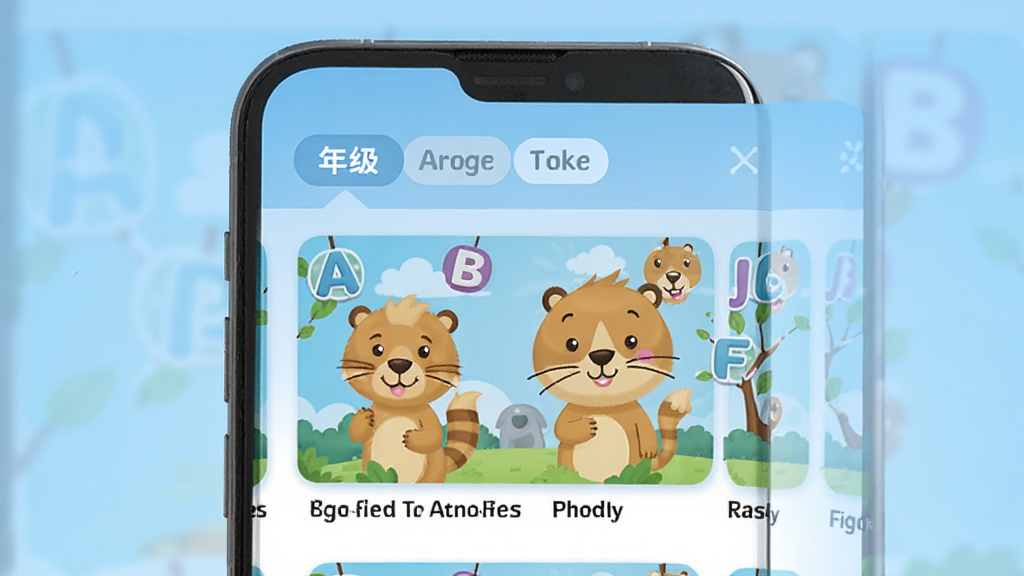 Ӣ�����ּ�������Դ���棬����Ϊ�ֻ���Ļ��д����Ļ����ʾ�������꼶ѡ���ǩ�Ϳγ̷���ͼ�����������ͨ������Ӣ����ĸԪ�أ�����Ϊ��͵���ɫ���䣬�����Ű����룬���������죬�߻��ʣ��ɾ��޶���Ԫ��