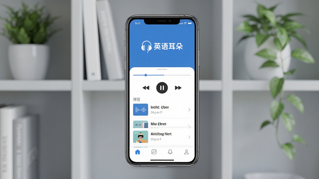 Ӣ�����APP������չʾ������������һ�������ֻ�����Ļ��ʾ��ɫ���ɫΪ���ļ�Լ��Ƶ���Ž��棬������Ӣ��������ֱ�ʶ���в��ǲ��ſ�������Ϳγ��б����ײ��е�����������Ϊǳ��ɫ�������ֲ��׺��������¼�Լ��UI��Ƹɾ����࣬�߻��ʣ��޶���Ԫ��