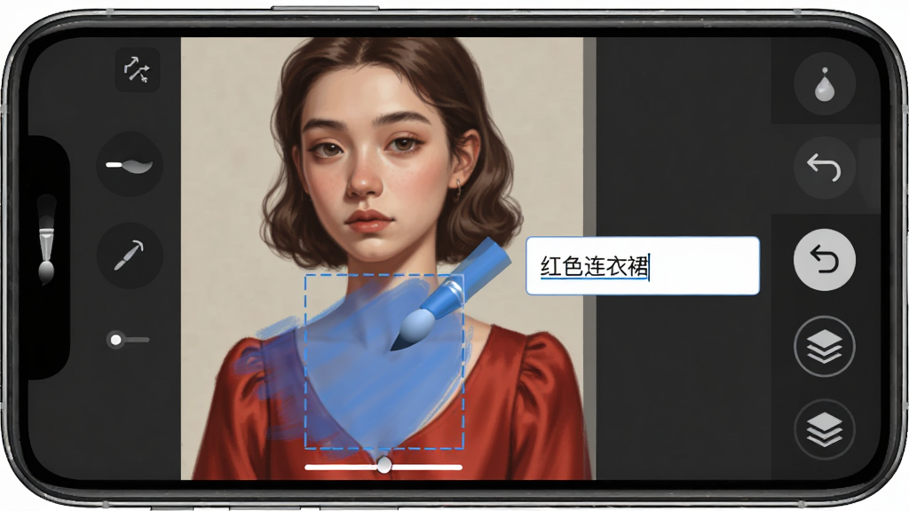 һ��չʾStable Diffusion�滭�ֲ��ػ湦�ܵĲ�������ͼ���������ֻ���Ļ����Ļ����ʾһ������Ф�񻭣������·�������ɫ����ͿĨѡ�У��Ա��������д��