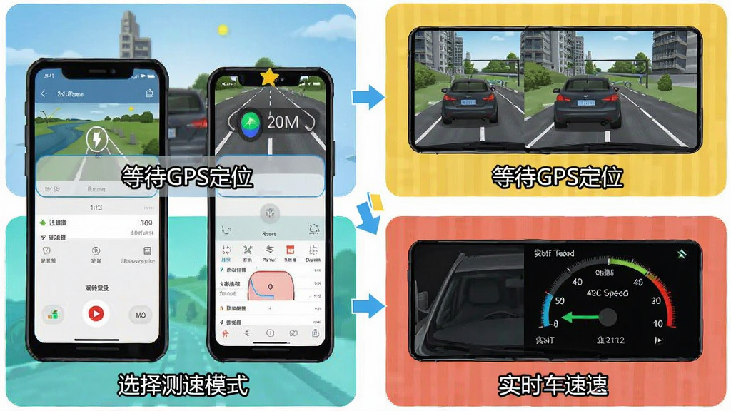 һ�Ų����ǳ��ٲ����������ֻ��ϵĲ�������ͼ������չʾ�Ӵ��������ȴ�GPS��λ��ѡ�����ģʽ����ʾʵʱ���ٵ��ĸ����裬ÿ�����������ֻ������ͼ�ͼ������ֱ�ע��������Ϊ�̳�ͼ��磬����������ɫ�����죬���ʸ��壬�ɾ��޶���Ԫ�ء�