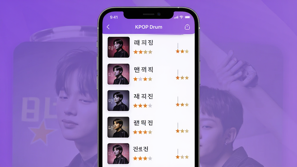KPOP Drum Ӧ�ý���չʾ���ֻ���Ļ����ʾ���������б���ÿ�׸�������ר��������Ѷ��Ǽ�����������ɫ���䣬�������ִ��������������ɾ��޶���Ԫ�ء�