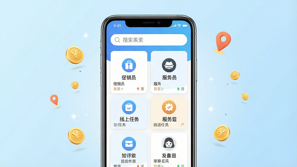 һ��չʾ����ְAPP���Ľ�����ֻ�����ͼ������������һ���ִ������ֻ�����Ļ����ʾ������ְ����ҳ�����������������·������Ÿ����ְ��λ��Ƭ�������Ա������Ա�����������ͼ�꣬�����Ǹɾ�������ǳ��ɫ���䣬��Χ��׺��΢С�Ľ�ҺͶ�λͼ�꣬������ִ���ϸ�����������ʸ��壬�ɾ��޶���Ԫ�ء�
