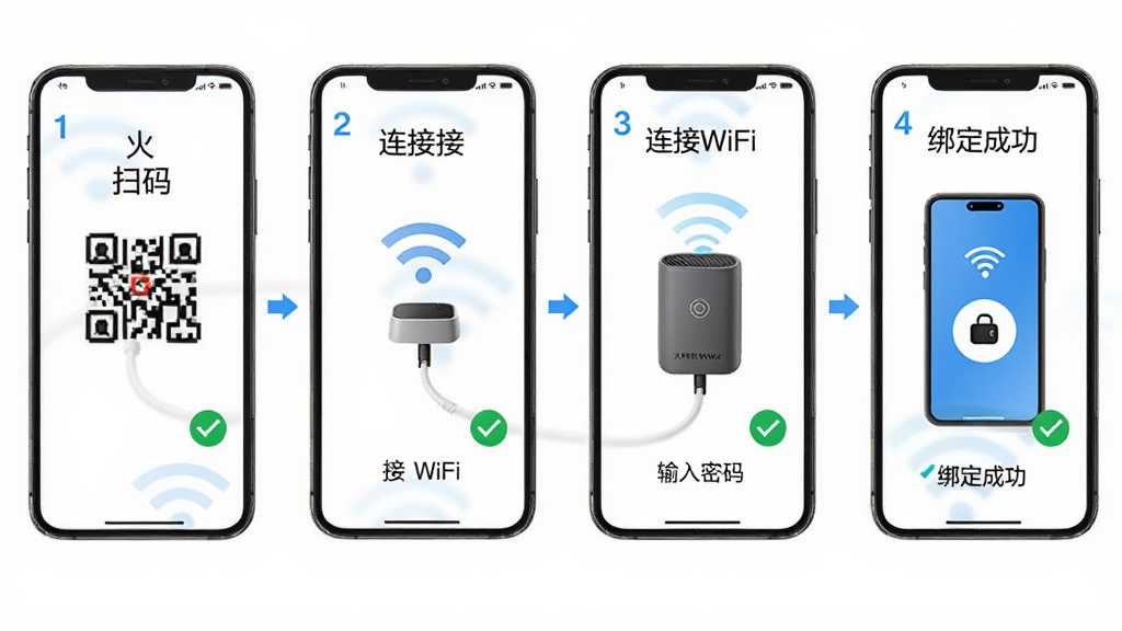 �����ǻ����������ְ�װ����������ʾ��ͼ������Ϊ�ֻ���Ļ�ֲ�չʾɨ�롢����WiFi���������롢�󶨳ɹ��ĸ����棬�Ű�Ϊ��������ͼ�����Ϊ��Լ�̷̳��ϸ�ڰ���������š�WiFi�ź�ͼ�ꡢ�Թ�ȷ�ϱ�ǡ��豸ͼ�꣬���ʸ��塢�ɾ����޶���Ԫ��