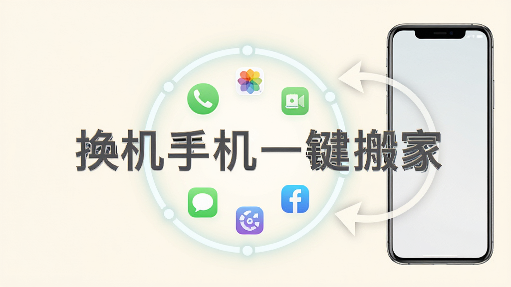 一个发光的圆形数据圈,圈内整齐排列着通讯录、相册、短信、应用等图标,圈外有箭头指向一部新手机,背景是柔和的米白色,画面中央用深灰色字体写着“换机手机一键搬家”,风格清新简洁,画质干净,无多余元素