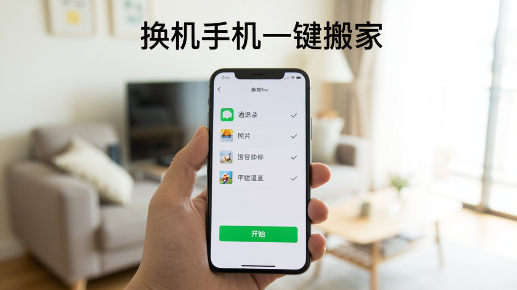 一只手拿着手机,屏幕上显示着换机手机一键搬家的数据勾选界面,有通讯录、照片等选项和绿色的开始按钮,背景是明亮的客厅环境虚化,手机屏幕上方有“换机手机一键搬家”字样,风格生活化,画质清晰,无多余元素