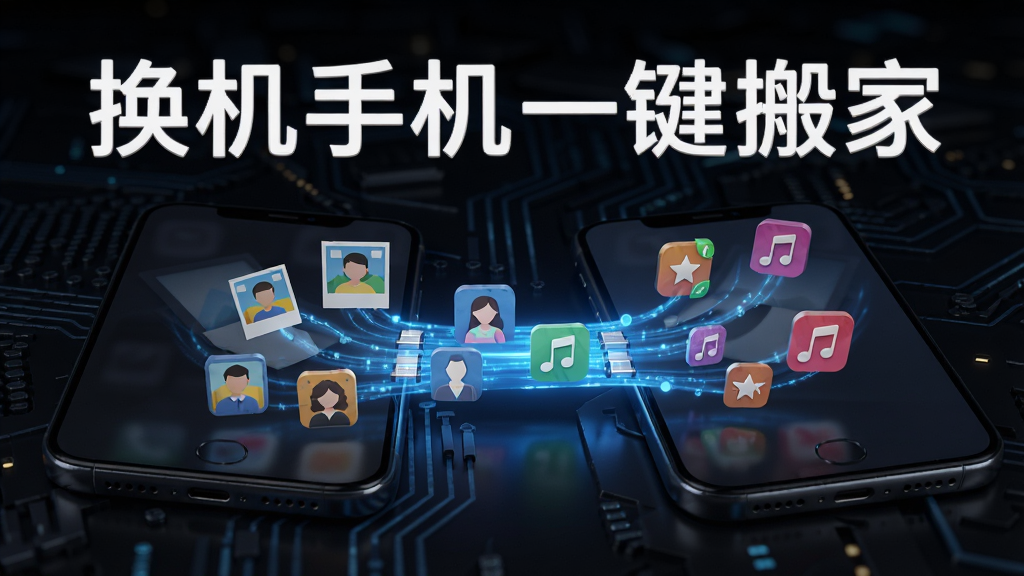两部手机并排摆放,屏幕之间有一条发光的蓝色数据流连接,数据流中漂浮着照片、联系人、音乐等图标,背景是深色科技感纹理,画面顶部用白色字体写着“换机手机一键搬家”,整体风格动感十足,画质细腻,无多余元素
