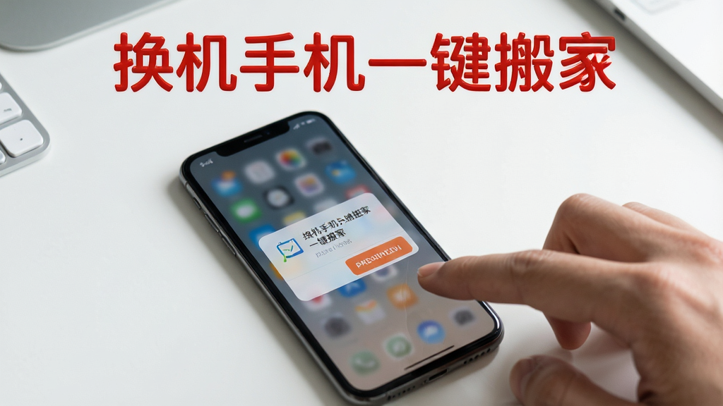 一部手机屏幕显示错误提示弹窗,旁边有一只手正准备点击屏幕上的重试按钮,背景是简洁的桌面,手机上方用红色字体写着“换机手机一键搬家”,风格写实,画质清晰,无多余元素