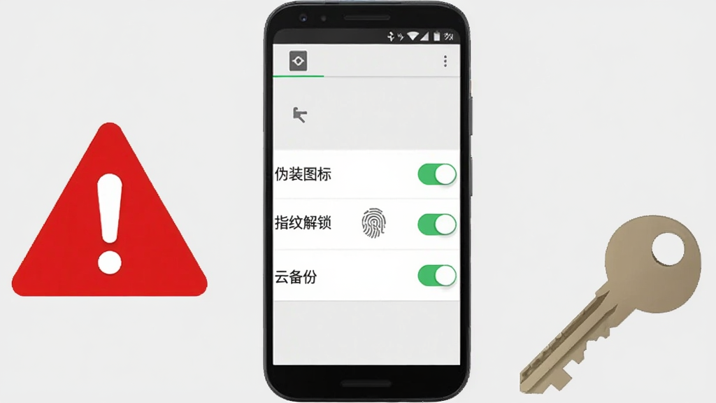 一部安卓手机屏幕显示保密相册的设置界面,界面中有“伪装图标”“指纹解锁”“云备份”等选项开关,手机旁边有一个红色警告标志和一把钥匙,背景为简洁的浅灰色,布局为手机居中、警示元素在侧,风格为扁平化图标设计,细节包括开关按钮的绿色和灰色状态,画质高清,干净,无多余元素