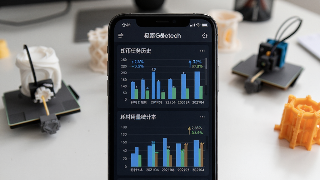 ��̩Geeetech��ӡ��ʷͳ�ƽ���չʾ���������ֻ���Ļ��ʾ��ӡ������ʷ�б��ͺĲ�����ͳ��ͼ����������������ɢ��ļ��������3D��ӡģ�ͣ����ֲ������·�����ͼ���Ű�ͻ������ͼ�����򣬷��Ϊ�������ݿ��ӻ��磬ϸ�ڰ�����״ͼ���ٷֱ���ֵ�����ڱ�ǩ�����ʸ��壬����ɾ����޶���Ԫ��