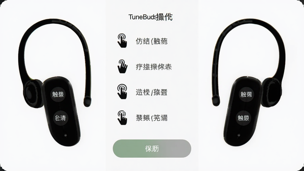 主体是TuneBuds应用触控设置界面,布局为左右耳触控区域示意图,中部手势操作列表,底部保存按钮,排版左右分栏,风格为简约浅色UI,细节包括手势图标、功能文字标签、耳机轮廓线,画质清晰干净无多余元素