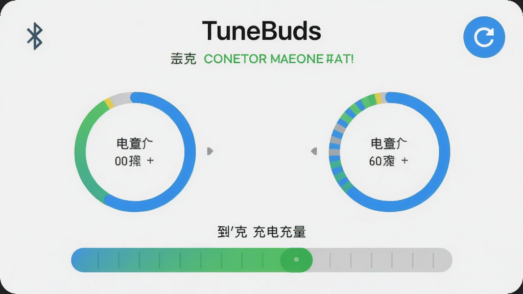 主体是TuneBuds应用连接管理界面,布局为顶部耳机名称与连接状态,中部左右耳电量环形图,底部充电仓电量条,排版居中对称,风格为扁平化设计,细节包括蓝牙信号图标、刷新按钮、设备名称文字,画质清晰干净无多余元素