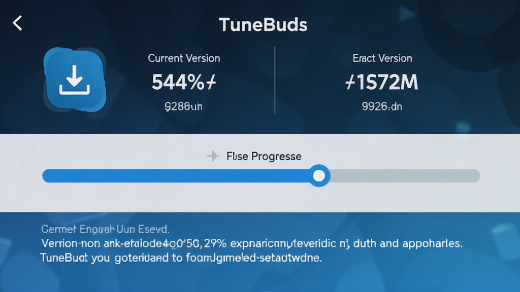 主体是TuneBuds应用固件升级界面,布局为顶部当前版本与最新版本对比,中部升级进度条,底部注意事项文字,排版居中对齐,风格为科技蓝主题,细节包括下载图标、百分比数字、版本号文字,画质高清干净无多余元素