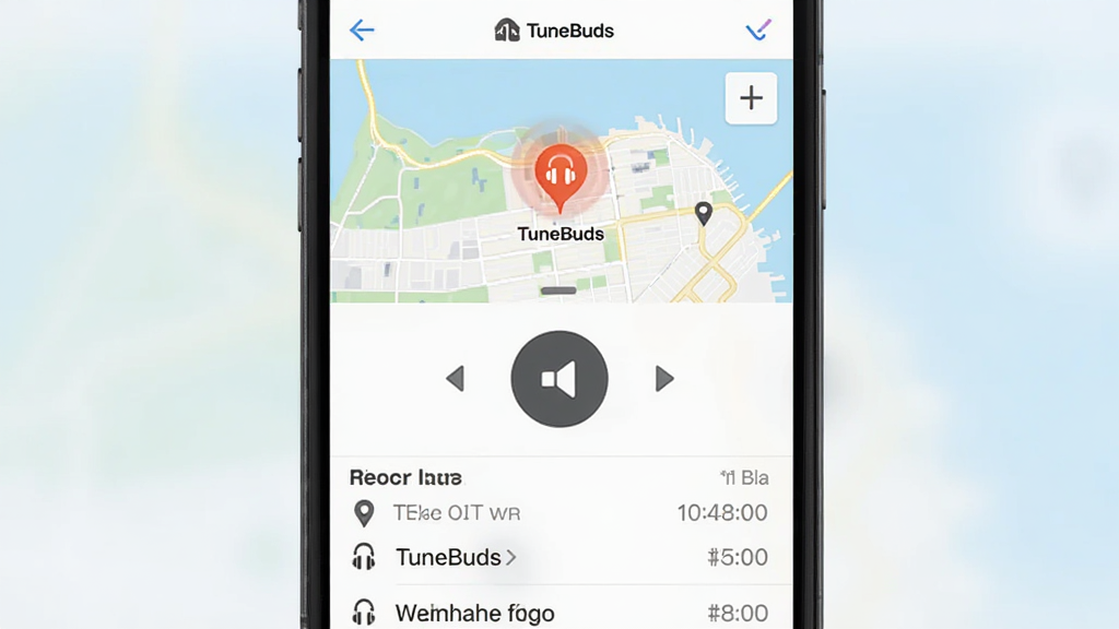 主体是TuneBuds应用查找耳机界面,布局为地图定位区域,中部蜂鸣按钮,底部历史位置列表,排版上下结构,风格为实用工具类UI,细节包括地图标记、耳机图标闪烁、时间戳文字,画质清晰干净无多余元素