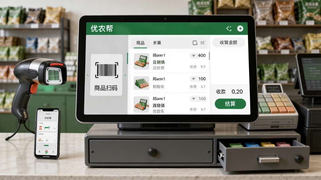 画面中央为“优农帮”进销存收银界面,左侧为商品扫码区,中间为购物车列表,右侧为收款金额与结算按钮,背景为农资门店柜台场景,布局为三栏式,风格为写实UI合成,细节包含扫码枪、手机与收银抽屉,画质高清,干净,无多余元素