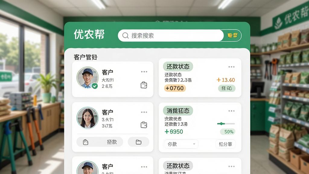 画面中央为“优农帮”会员管理界面,显示客户头像列表与消费记录卡片,卡片上标注欠款金额与还款状态,背景为农资门店内景,布局为上下结构,上方为搜索栏,下方为卡片列表,风格为清新扁平化设计,细节包含清晰的数字与标签,画质高清,干净,无多余元素