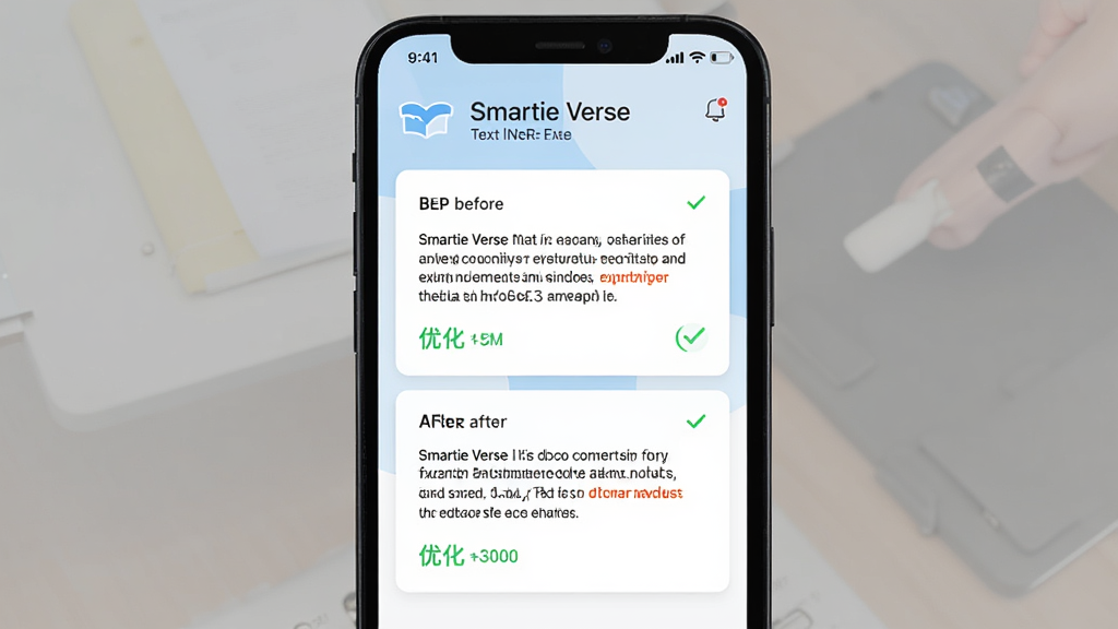 һ��չʾ Smartie Verse �ı���ɫ���ܵĽ���ͼ������Ϊ�ֻ���Ļ����ʾһ�������޸�ǰ��ĶԱȿ�Ƭ������Ϊ���·����Ű棬���Ϊ�ִ��칫��Ӧ�� UI��ϸ����ʹ����ɫ�Թ���ʶ�Ż����������Ϊ�ɾ��İ�ɫ��ǳ�����䣬�����������޶���Ԫ�ء�