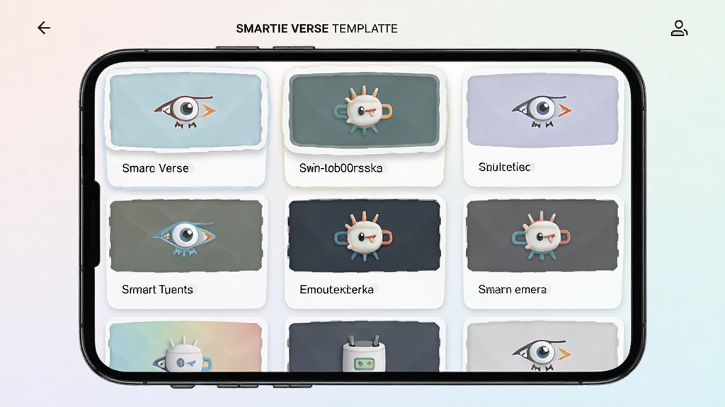 һ��չʾ Smartie Verse ģ���ҳ����ֻ���ͼ���ͼ������Ϊ�ֻ���Ļ����ʾ����״���е�ģ�忨Ƭ������Ϊ���������Ű棬���Ϊ�����ﻯ�ƶ�����ƣ�ϸ����ÿ�ſ�Ƭ����ͼ������ֱ�ǩ������Ϊǳɫ���䣬���ʸɾ��������޶���Ԫ�ء�