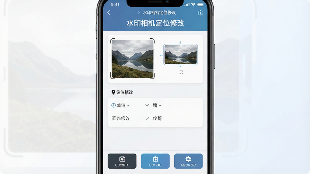 一张展示水印相机定位修改软件主界面的手机截图,画面中央是手机屏幕,屏幕内显示软件操作界面,顶部有软件名称“水印相机定位修改”文字,中间区域展示水印模板和定位修改选项,底部是功能按钮,背景为简洁的浅色渐变,风格现代科技感,细节清晰,画质干净,无多余元素