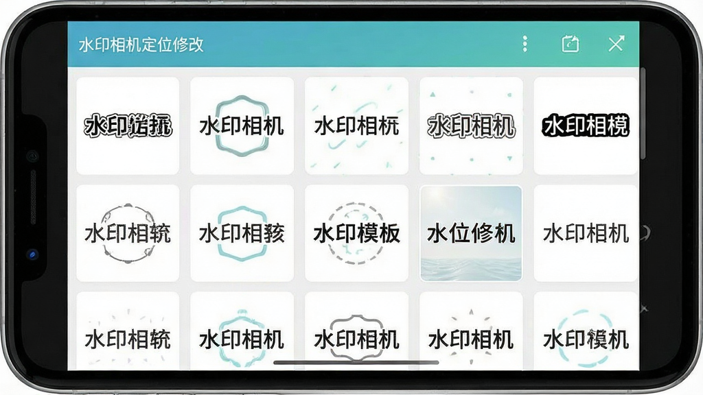 一张展示水印相机定位修改软件水印模板选择界面的手机截图,画面中手机屏幕内排列多个水印样式缩略图,顶部标注软件名称“水印相机定位修改”,整体风格清新明亮,排版整齐,细节丰富,画质干净,无多余元素