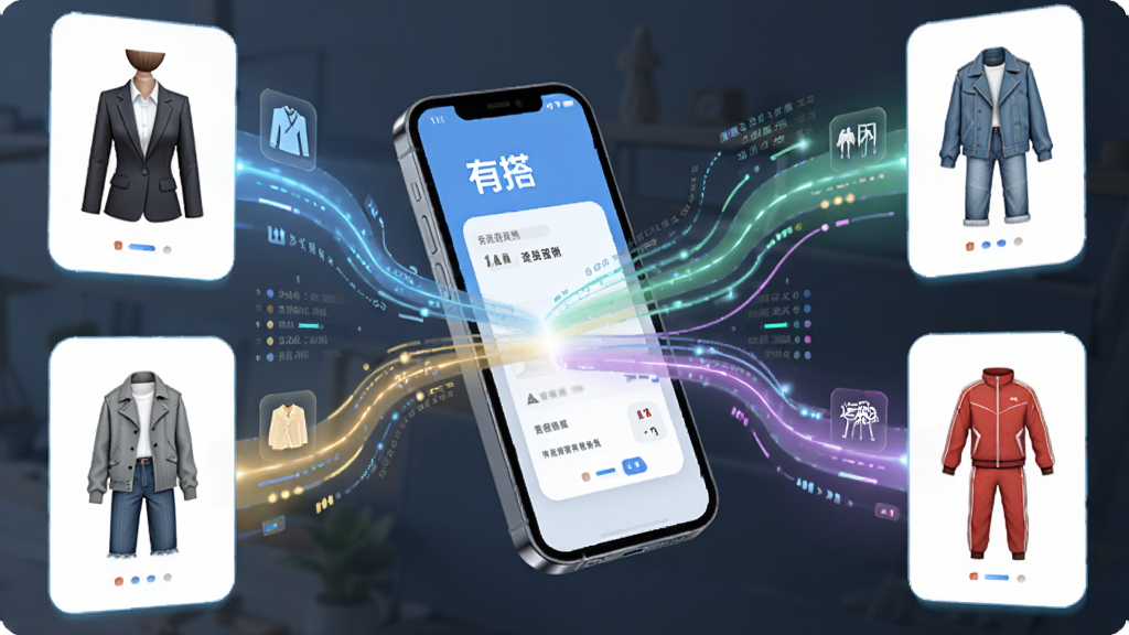一张展示“有搭”软件智能推荐功能的图片。画面中一部手机悬浮在空中,手机屏幕向外散发出多条彩色光线,光线连接着不同风格的服装搭配方案,如职业装、休闲装和运动装。布局以手机为中心,四周环绕搭配卡片。风格为科技感插画,细节包括数据流和服装图标。画质清晰,干净,无多余元素。
