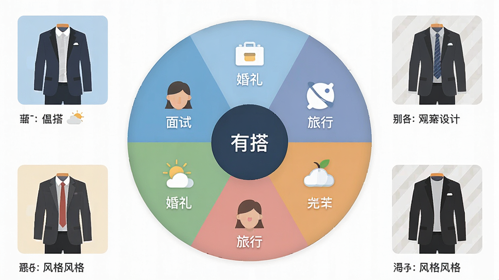 一张展示“有搭”场合选择界面的图片。画面中央是一个圆盘,圆盘上分布着不同的图标,代表面试、婚礼、旅行等场合。圆盘周围有对应的穿搭缩略图。布局对称,风格为扁平化图标设计,细节包括天气图标和风格标签。画质清晰,干净,无多余元素。