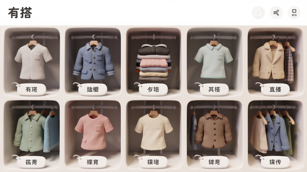 一张展示“有搭”虚拟衣橱界面的图片。画面是一个整齐排列的网格状衣橱,每个格子里都有一件衣服的缩略图,衣服下方有标签。整体布局像是一个数字化的衣柜。风格为清新简约的3D渲染,细节包括衣架、叠放的衣服和标签。画质清晰,干净,无多余元素。