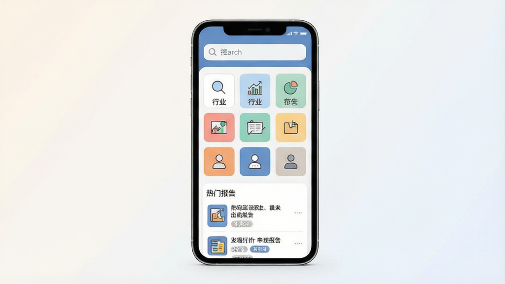 一张展示发现报告应用主界面的场景图,画面中央是一部竖屏智能手机,屏幕内呈现发现报告App的首页布局,顶部有搜索框,中部为行业分类图标网格,下方是热门报告列表,背景为简洁的浅色渐变,风格为现代扁平化UI展示,细节包括搜索框内的放大镜图标、分类图标的小型图表符号、报告条目的标题与来源标签,画质清晰,干净,无多余元素