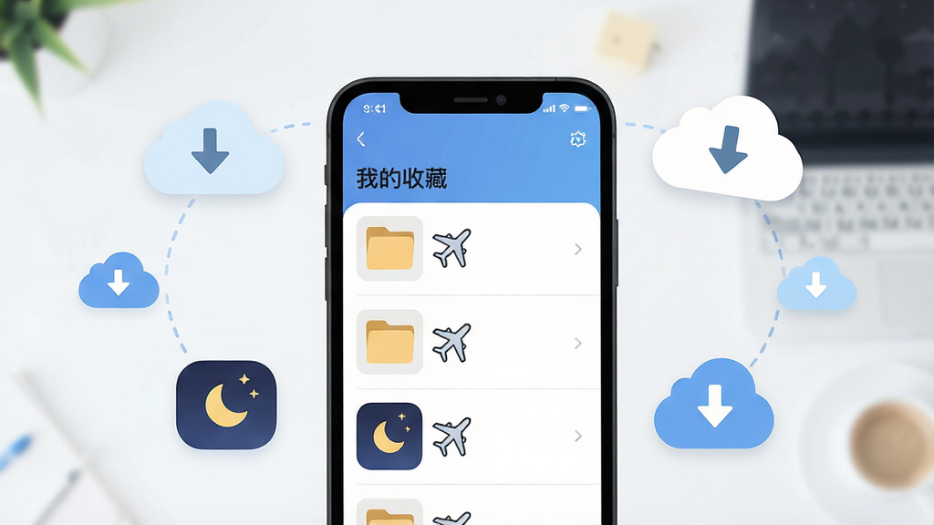 一张展示发现报告离线收藏功能的场景图,画面主体是一部手机屏幕显示“我的收藏”列表,旁边漂浮着云朵与下载箭头的图标,布局为手机居中、图标环绕,风格为清新扁平化,细节包括收藏夹的文件夹图标、离线标识的小飞机符号、夜间模式的月亮图标,画质清晰,干净,无多余元素
