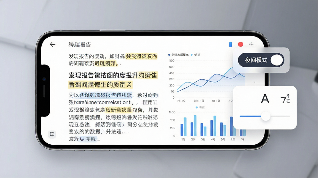 一张展示发现报告移动端阅读界面的AI生图,画面主体是一部手机横屏显示报告内容,屏幕内有文字段落与数据图表,手机旁边有“夜间模式”切换按钮和字体大小调节滑块,布局为手机居中、控件悬浮于侧,风格为现代UI交互展示,细节包括图表的折线、柱状元素、文字的高亮标注,画质高清,干净,无多余元素