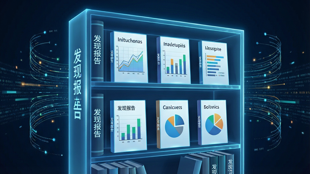 一张表现发现报告海量资源库概念的AI生图,画面主体是一个发光的数字书架,书架上排列着带有图表和文字标签的虚拟报告封面,书脊上隐约可见“发现报告”字样,布局为书架居中、两侧有数据流线条环绕,风格为科技感与知识感结合,细节包括封面的折线图、柱状图、饼图元素,画质高清,干净,无多余元素