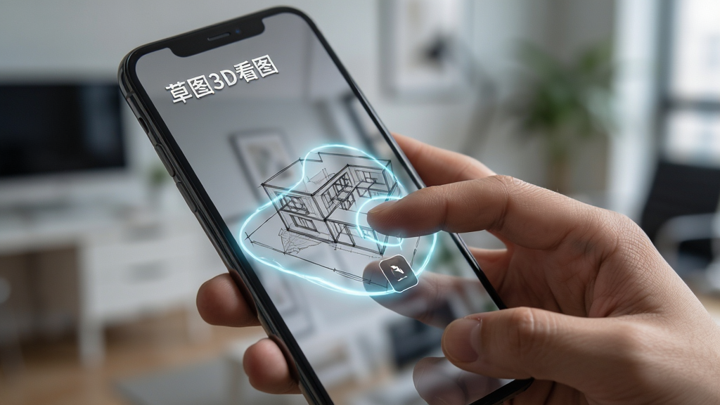 一只手握持智能手机,手机屏幕中一个三维建筑草图模型正在被双指缩放操作,画面捕捉到手指与屏幕接触的瞬间,模型周围有淡蓝色的触控轨迹特效,背景虚化为室内环境,整体布局以手机和手部动作为核心,风格现代科技感,细节包含手指阴影与屏幕反光,画质清晰,无多余元素,图片中文字标注“草图3D看图”