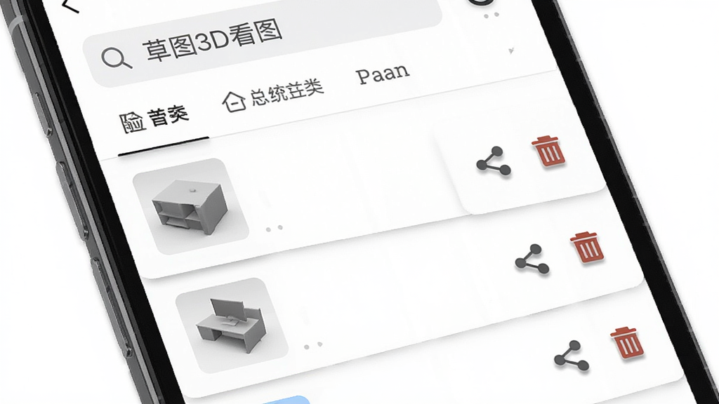 手机屏幕显示一个文件列表界面,列表中包含多个带有三维模型缩略图的文件条目,每个条目右侧有分享和删除图标,界面顶部有搜索框和分类标签,背景为纯白色,整体布局清晰有序,风格简约商务,细节包含列表分割线与图标阴影,画质清晰,无多余元素,图片中文字标注“草图3D看图”