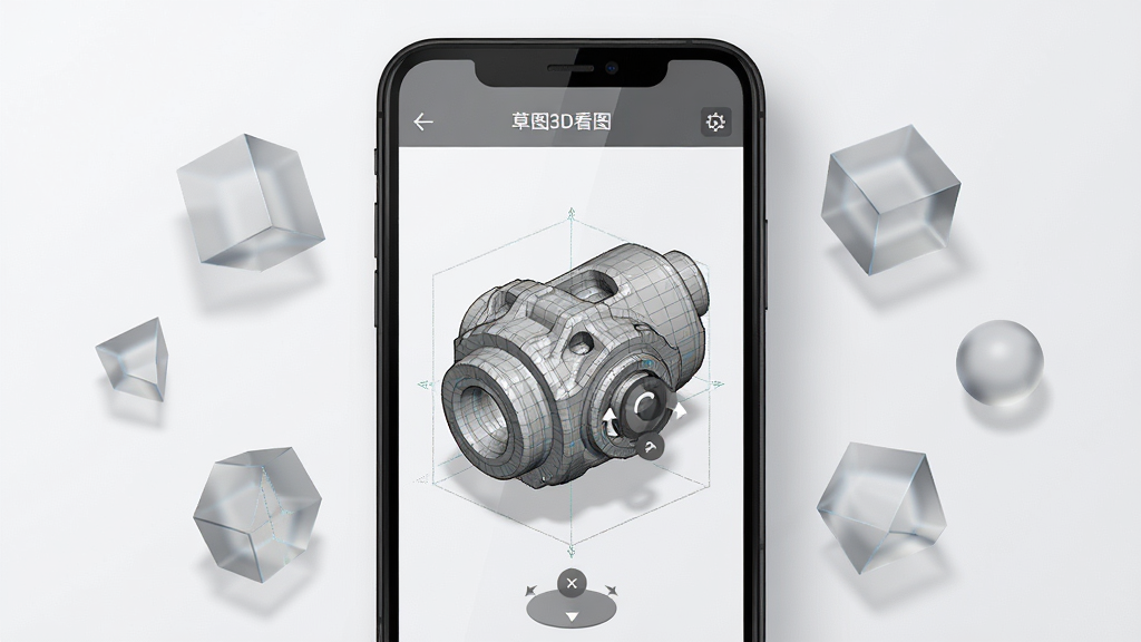 一张展示手机屏幕内三维立体模型预览界面的图片,画面中央是一部竖直放置的黑色智能手机,手机屏幕中显示一个灰白色机械零件三维模型,模型带有网格线标注和旋转操控按钮,手机两侧漂浮着几个半透明的三维几何图形作为装饰,整体布局居中对称,风格简洁科技感,细节包含屏幕反光与柔和阴影,画质清晰干净,无多余元素,图片中文字标注“草图3D看图”