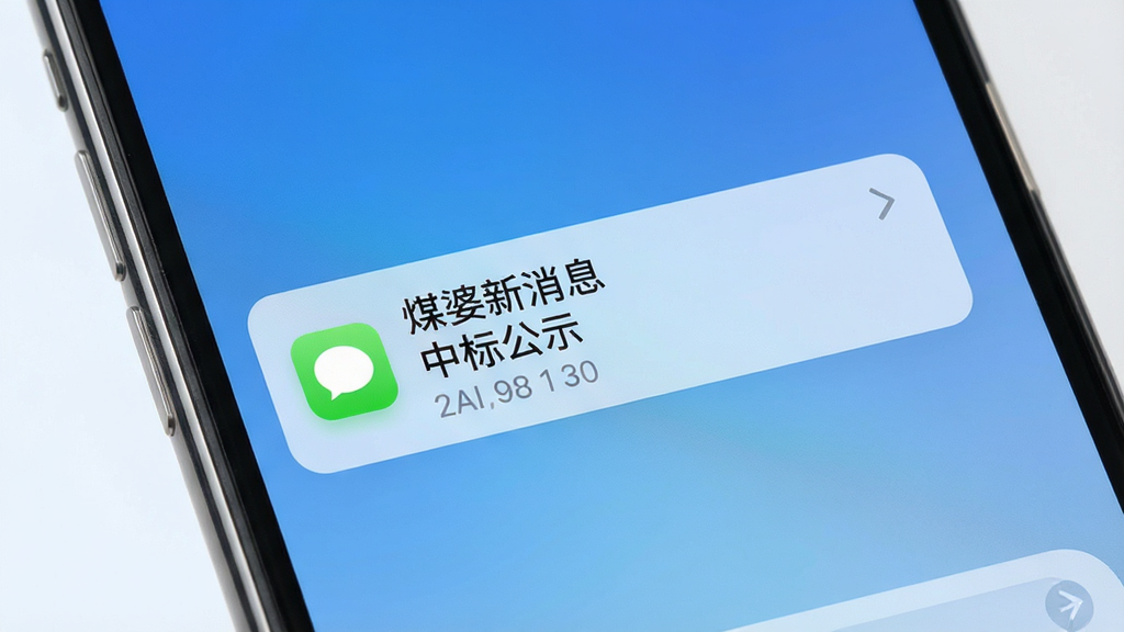 手机屏幕特写,屏幕中弹出“煤婆新消息”的通知横幅,横幅上显示“中标公示”字样,背景为简洁的蓝色渐变,布局为居中展示通知卡片,风格为现代UI展示图,细节包括通知图标、时间戳、文字“煤婆新消息”清晰可见,画质高清,干净,无多余元素